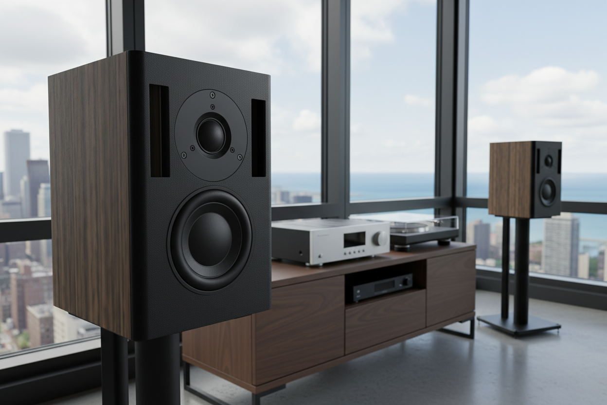 Bravo Acoustics loudspeakers in a high-rise listening room overlooking the Chicago skyline
